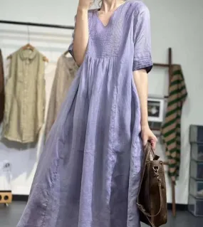 2022 Spring Summer New Art Style Women's Short-Sleeve Loose Pleated Patchwork Linen Cotton Long Dress Win