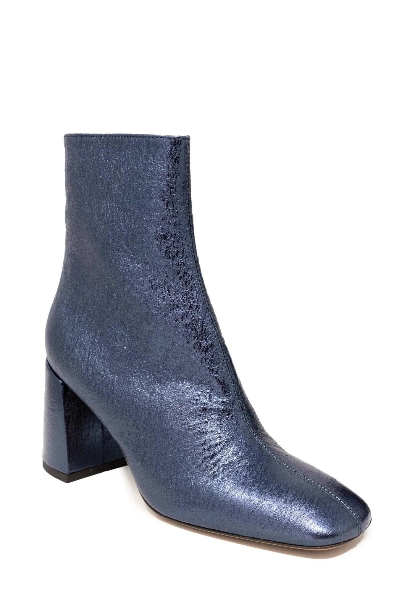 Blue laminated leather ankle boot.