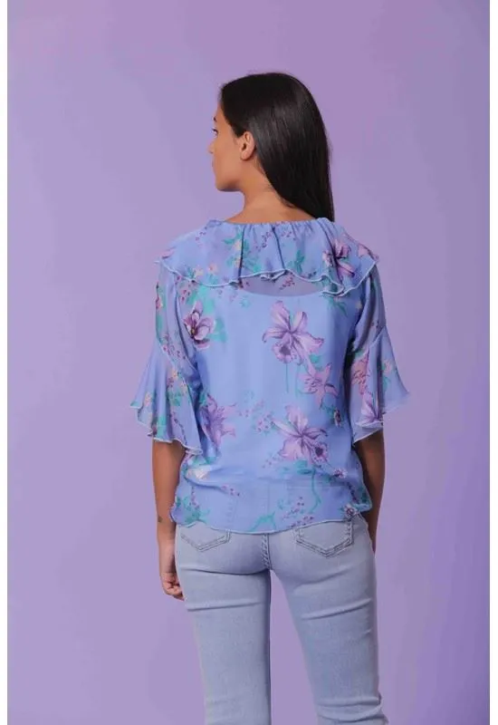 Short Sleeve Silk Women's Blouse with Ruffle Detail