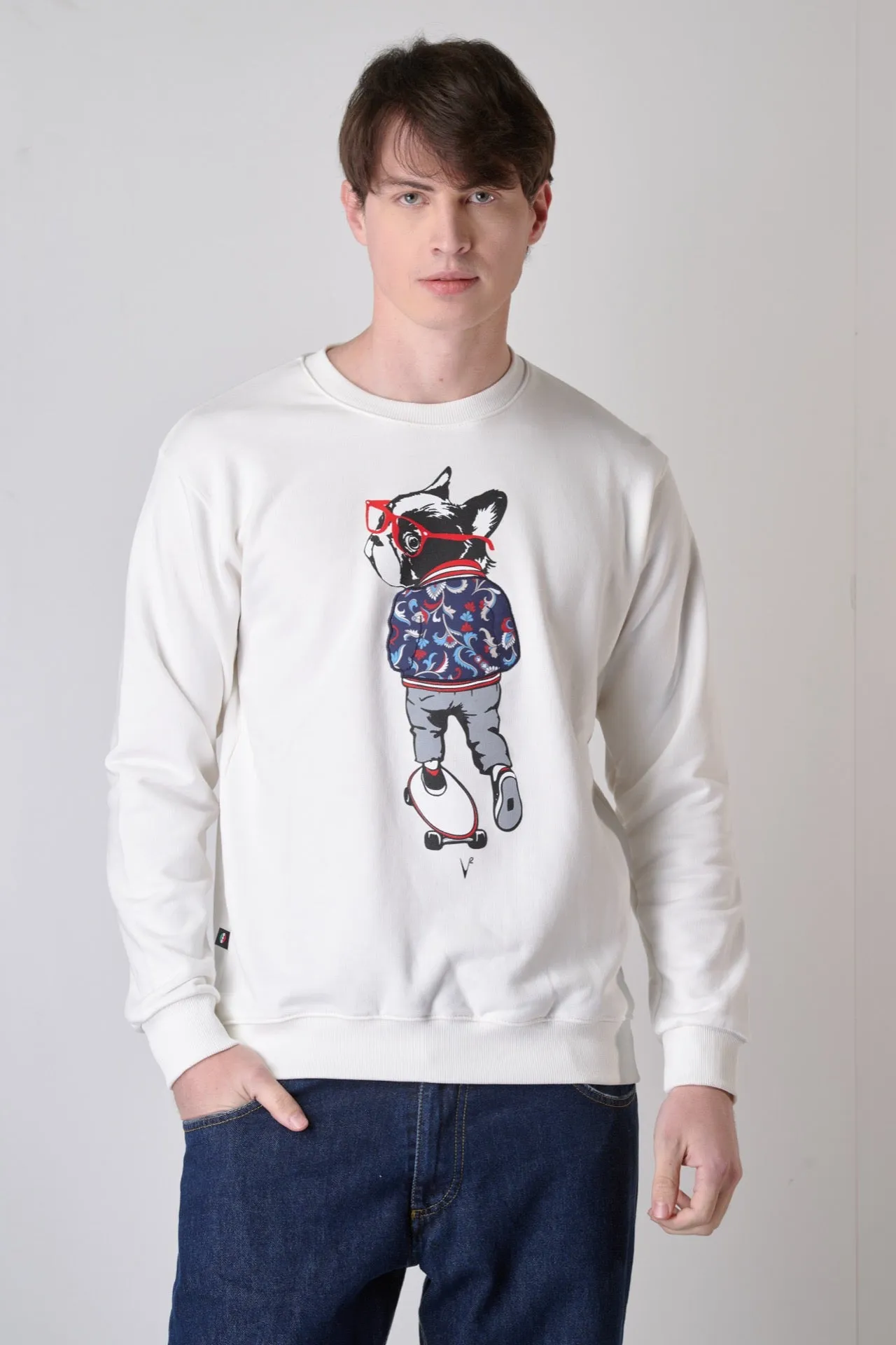 Cream Crewneck Sweatshirt with Bulldog Print and Paisley Blue Fabric Insert V2