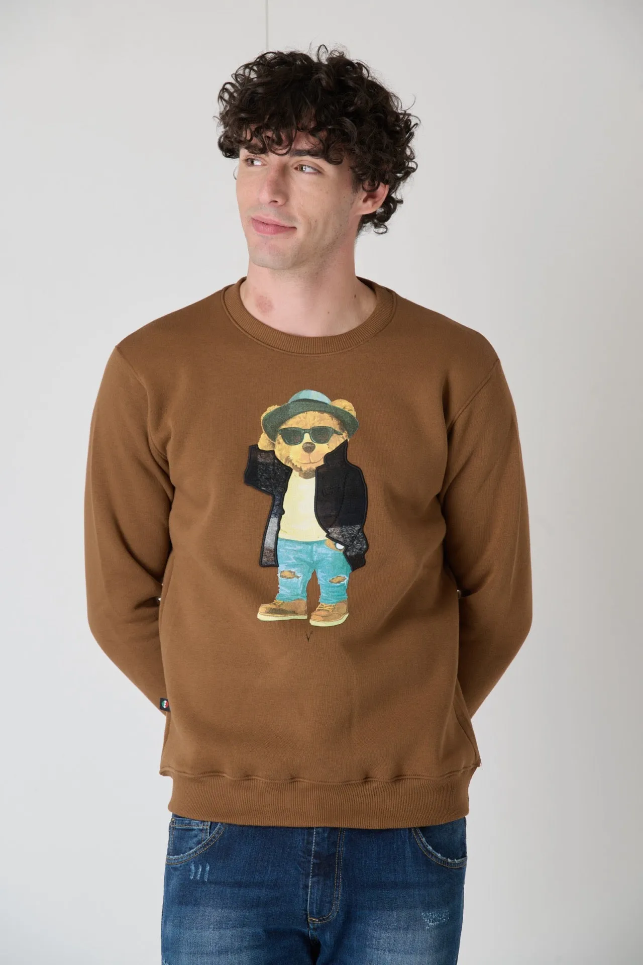 Crewneck Sweatshirt with Embroidered Teddy in Dark Olive Fabric V2