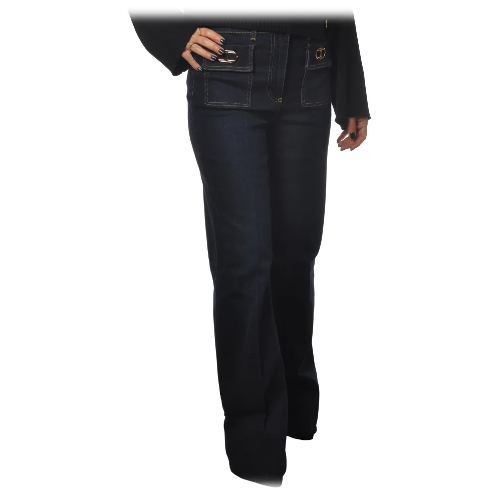 Elisabetta Franchi Pantalone Vita Alta Denim Blu Pants Made Italy Luxury Exclusive Collection