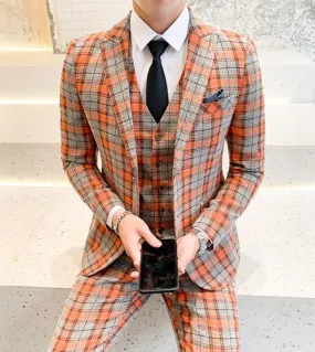 New Fashion Boutique Men's Plaid Casual Business Suit Wedding Groom Suit 3-Piece Set.