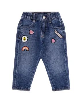 Dark Stone Washed Cotton Jeans with Colorful Patches and Heart-Shaped Pockets 4-7 Years