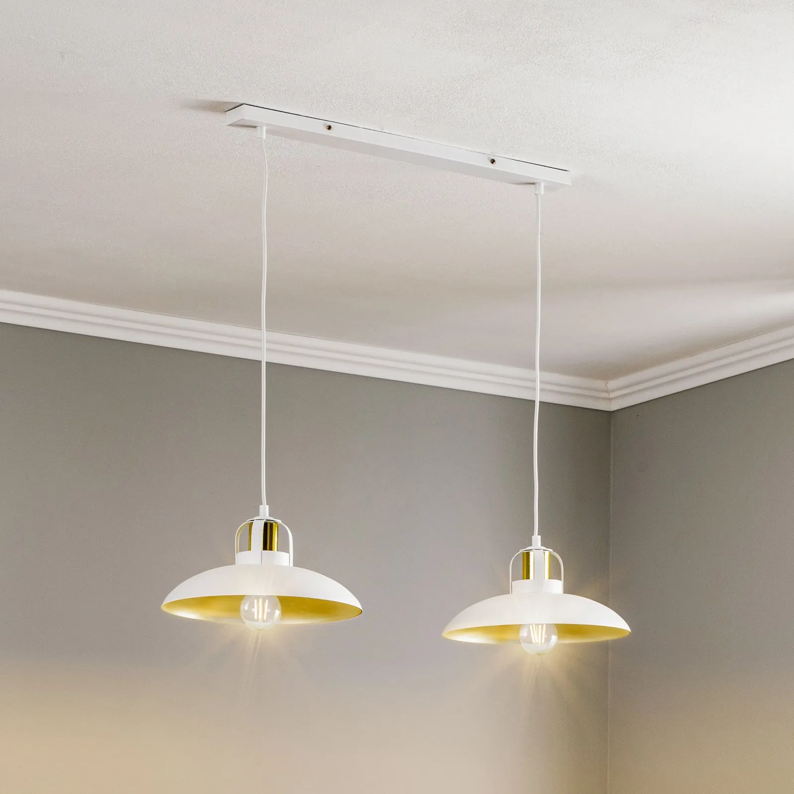 Lampada a sospensione Felix, bianco/oro, 2 luci