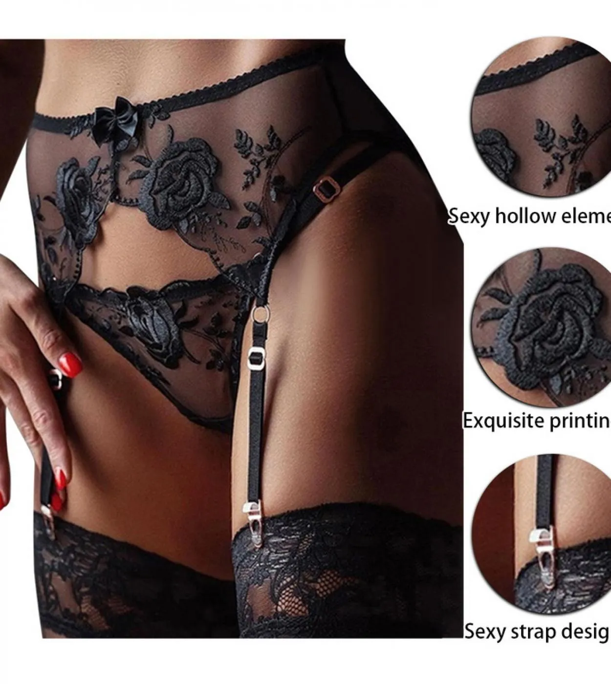 Plus Size Black Lace Garter Belt Stockings Set Women's Lingerie Garter Belt Adjustable Waistband Lace Mesh Skirt Thong