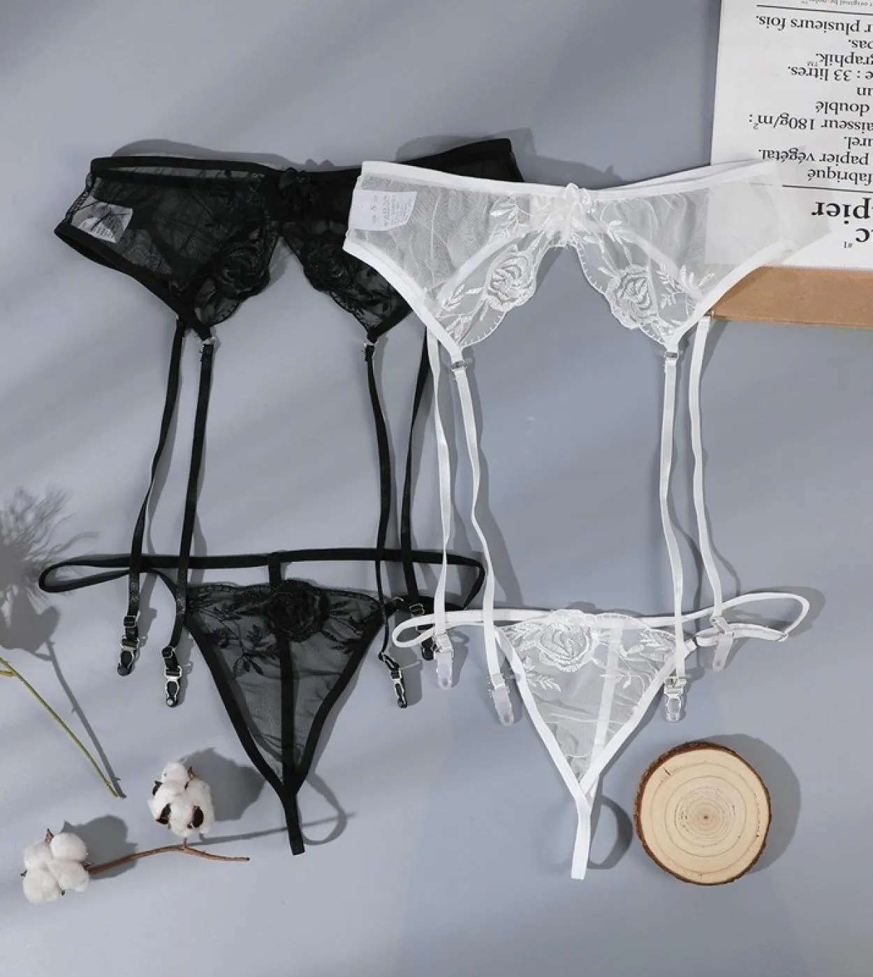 Plus Size Black Lace Garter Belt Stockings Set Women's Lingerie Garter Belt Adjustable Waistband Lace Mesh Skirt Thong