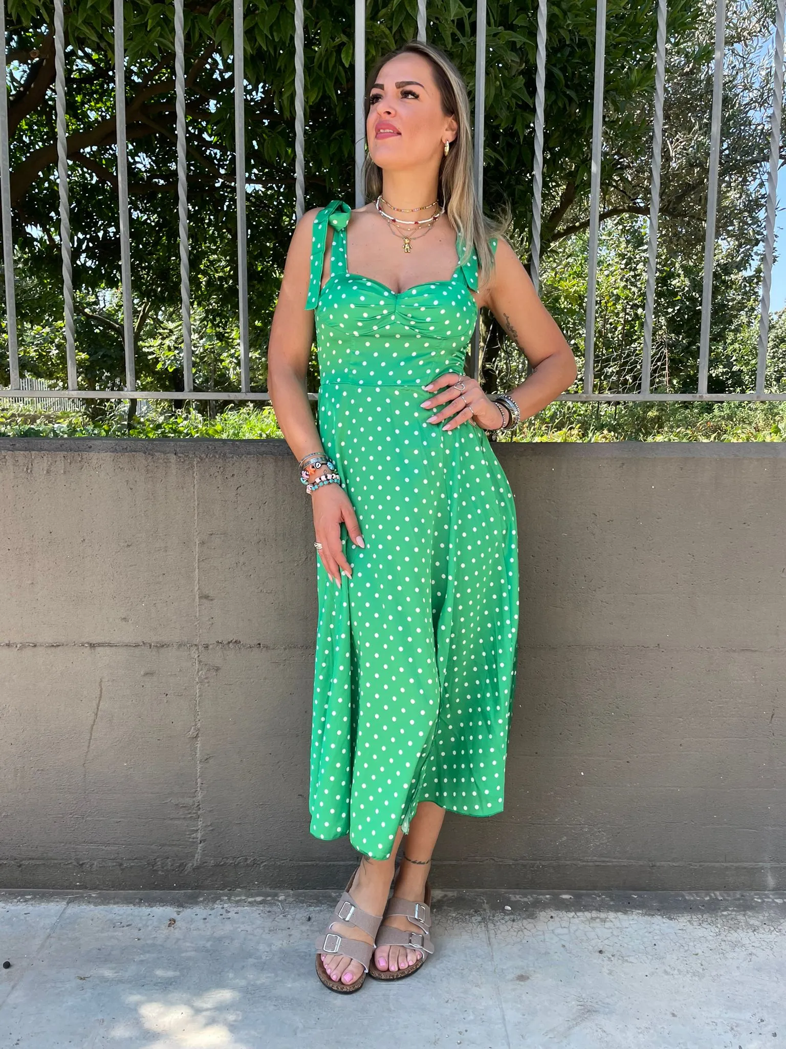 Polka Dot Dress with Slit and Shoulder Straps