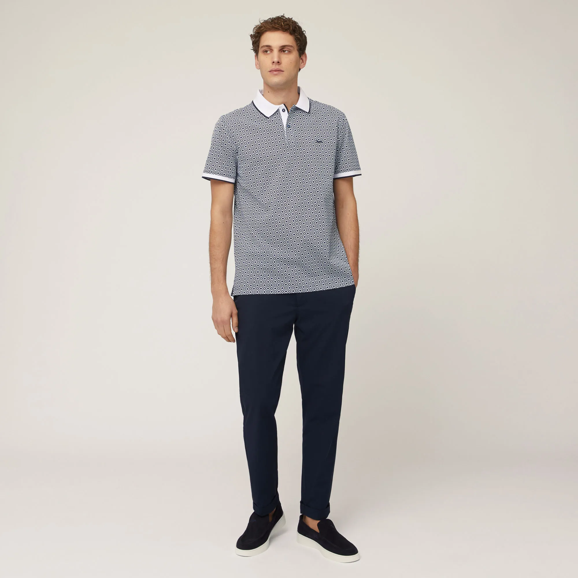 Navy Blue Geometric Print Polo: Luxury Polo by Harmont & Blaine®